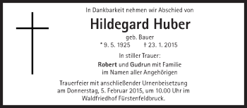 Traueranzeige von Hildegard Huber von Süddeutsche Zeitung