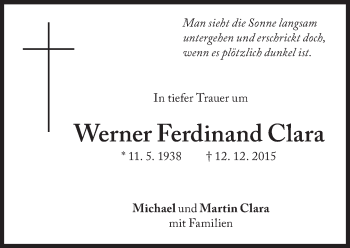 Traueranzeige von Werner Ferdinand Clara von Süddeutsche Zeitung