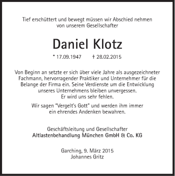Traueranzeige von Daniel Klotz von Süddeutsche Zeitung