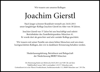 Traueranzeige von Joachim Gierstl von Süddeutsche Zeitung