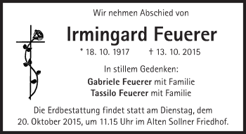 Traueranzeige von Irmingard Feuerer von Süddeutsche Zeitung