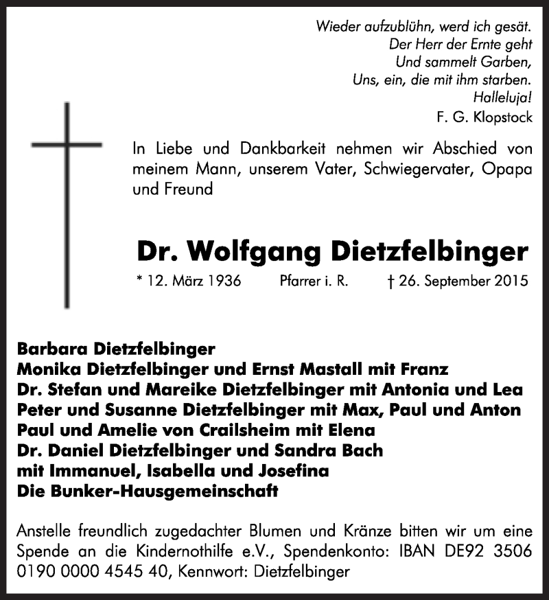  Traueranzeige für Wolfgang Dietzfelbinger vom 02.10.2015 aus Süddeutsche Zeitung