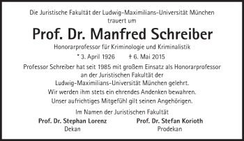 Traueranzeige von Manfred Schreiber von Süddeutsche Zeitung