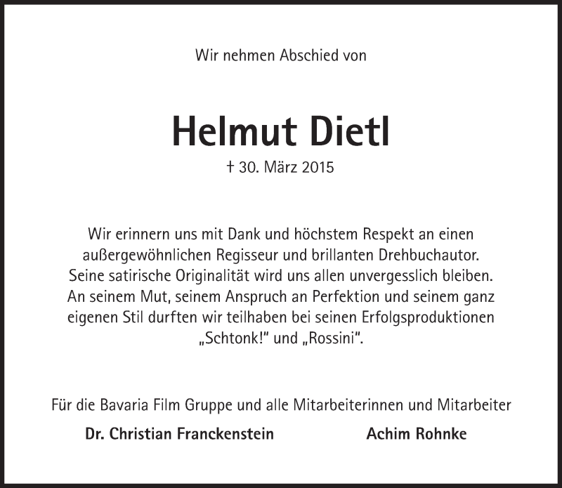  Traueranzeige für Helmut Dietl vom 04.04.2015 aus Süddeutsche Zeitung
