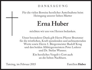 Traueranzeige von Erna Huber von Süddeutsche Zeitung