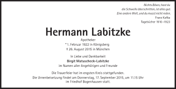 Traueranzeige von Hermann Labitzke von Süddeutsche Zeitung