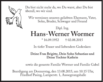 Traueranzeige von Hans-Werner Wormer von Süddeutsche Zeitung