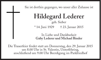 Traueranzeige von Hildegard Lederer von Süddeutsche Zeitung