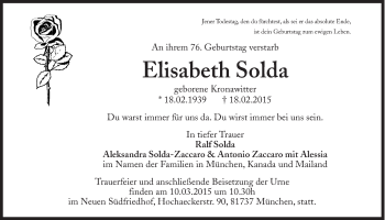 Traueranzeige von Elisabeth Solda von Süddeutsche Zeitung
