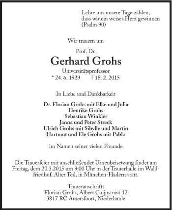 Traueranzeige von Gerhard Grohs von Süddeutsche Zeitung