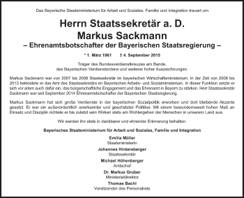 Traueranzeige von Markus Sackmann von Süddeutsche Zeitung