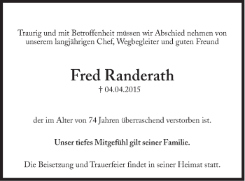 Traueranzeige von Fred Randerath von Süddeutsche Zeitung