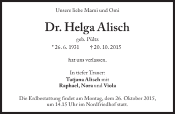 Traueranzeige von Helga Alisch von Süddeutsche Zeitung