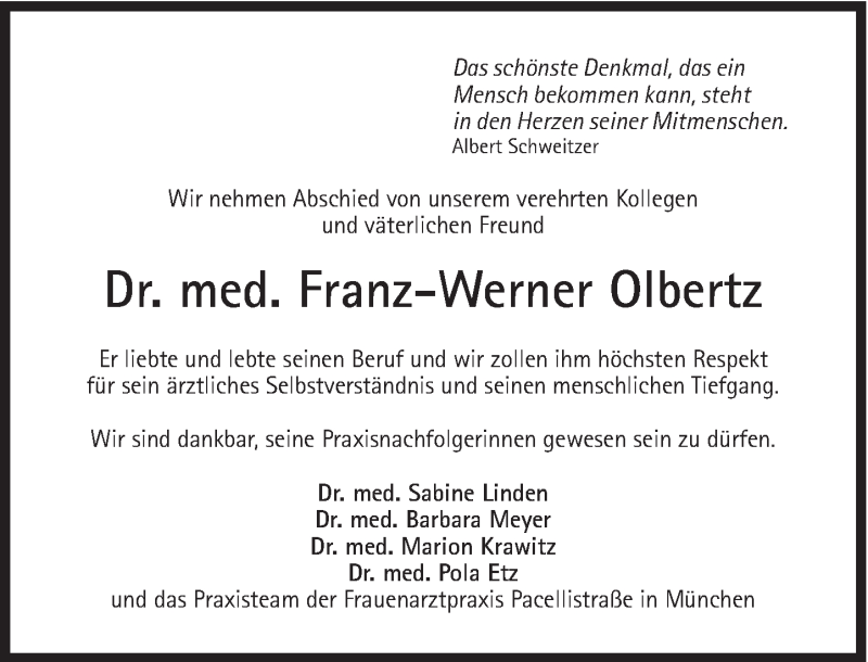  Traueranzeige für Franz-Werner Olbertz vom 26.09.2015 aus Süddeutsche Zeitung