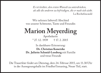 Traueranzeige von Marion Meyerding von Süddeutsche Zeitung