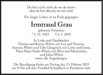 Traueranzeige von Irmtraud Grau von Süddeutsche Zeitung