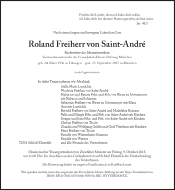 Traueranzeige von Roland Freiherr von Saint-André von Süddeutsche Zeitung