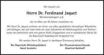 Traueranzeige von Ferdinand Jaquet von Süddeutsche Zeitung