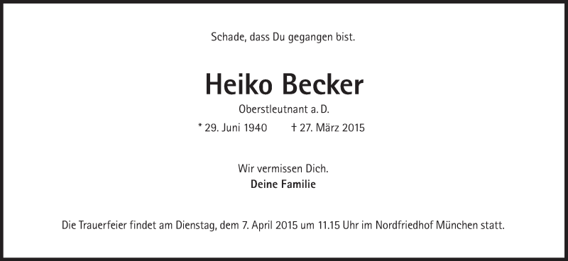  Traueranzeige für Heiko Becker vom 04.04.2015 aus Süddeutsche Zeitung