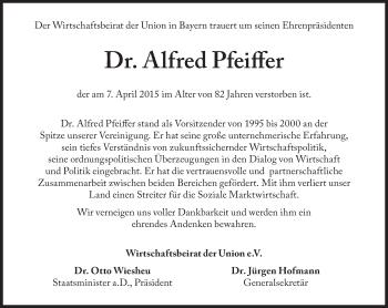 Traueranzeige von Dr. Alfred Pfeiffer von Süddeutsche Zeitung