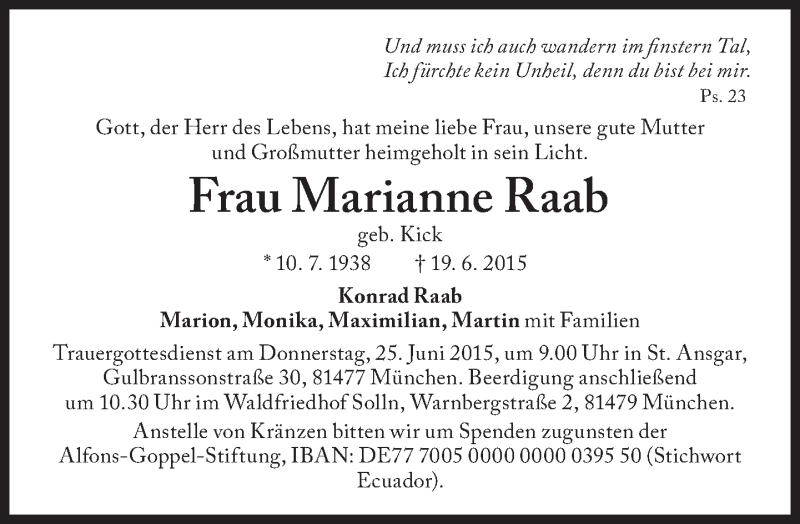  Traueranzeige für Marianne Raab vom 22.06.2015 aus Süddeutsche Zeitung