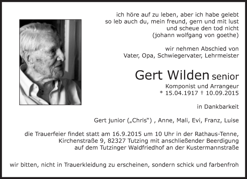  Traueranzeige für Gert Wilden vom 12.09.2015 aus Süddeutsche Zeitung