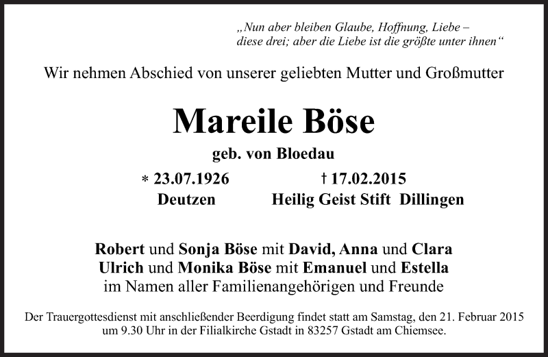  Traueranzeige für Mareile Böse vom 20.02.2015 aus Süddeutsche Zeitung