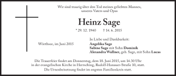 Traueranzeige von Heinz Sage von Süddeutsche Zeitung