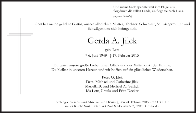  Traueranzeige für Gerda A. Jilek vom 21.02.2015 aus Süddeutsche Zeitung
