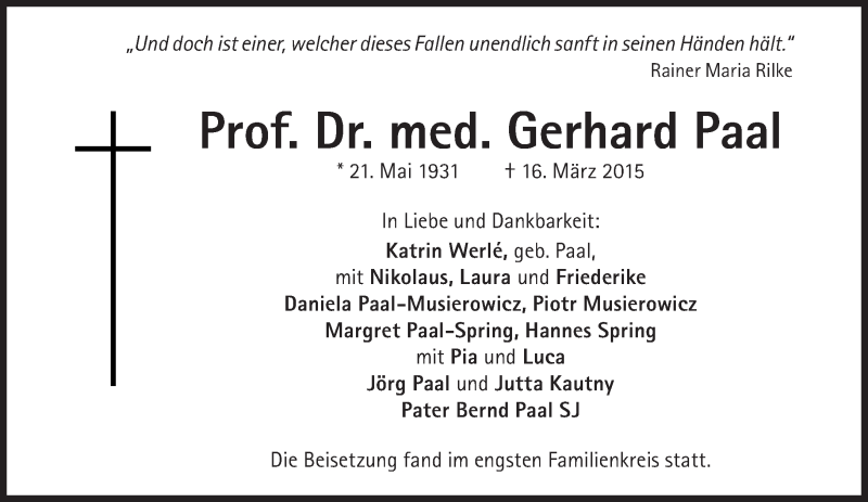  Traueranzeige für Gerhard Paal vom 28.03.2015 aus Süddeutsche Zeitung