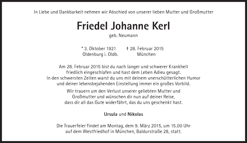  Traueranzeige für Friedel Johanne Kerl vom 07.03.2015 aus Süddeutsche Zeitung