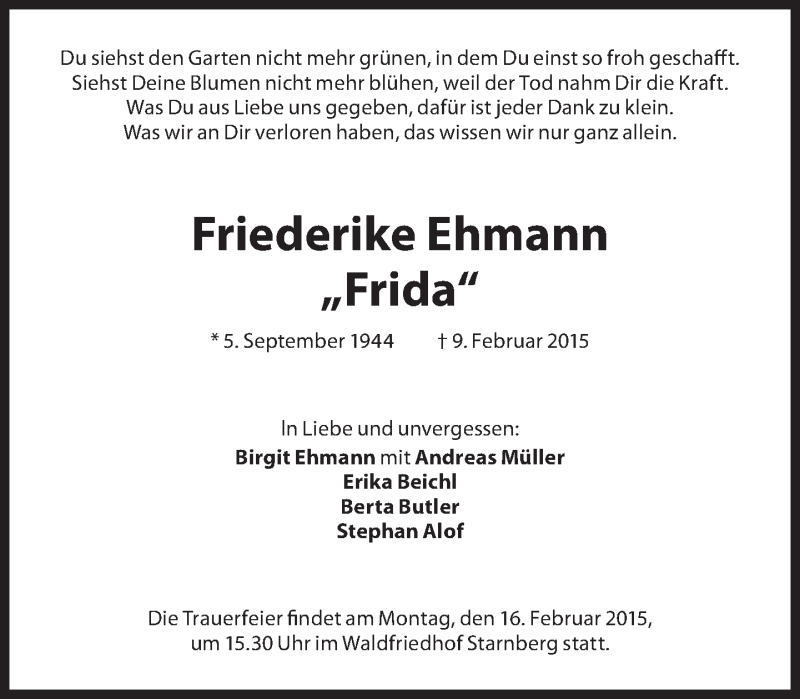  Traueranzeige für Friederike Ehmann vom 13.02.2015 aus Süddeutsche Zeitung