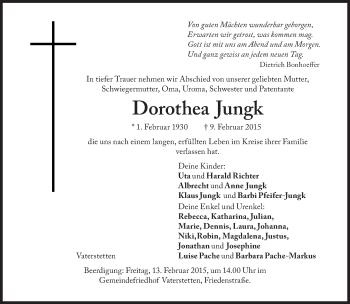 Traueranzeige von Dorothea Jungk von Süddeutsche Zeitung