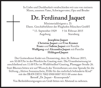 Traueranzeige von Ferdinand Jaquet von Süddeutsche Zeitung