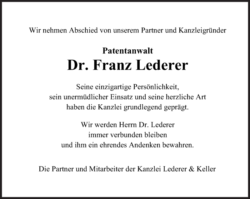  Traueranzeige für Franz Lederer vom 23.07.2015 aus Süddeutsche Zeitung