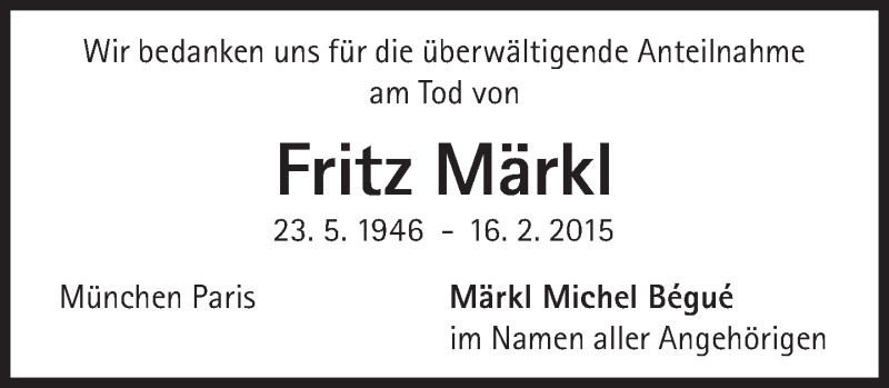  Traueranzeige für Fritz Märkl vom 28.02.2015 aus Süddeutsche Zeitung
