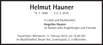 Traueranzeige von Helmut Hauner von Süddeutsche Zeitung