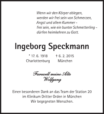 Traueranzeige von Ingeborg Speckmann von Süddeutsche Zeitung