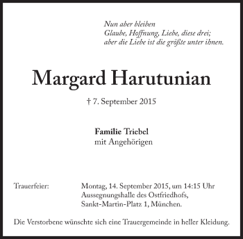 Traueranzeige von Margard Harutunian von Süddeutsche Zeitung