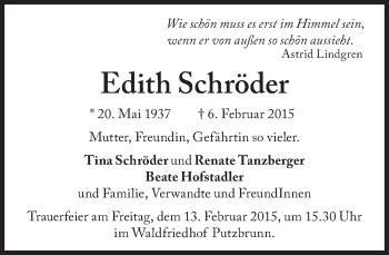 Traueranzeige von Edith Schröder von Süddeutsche Zeitung