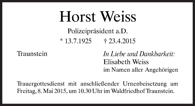  Traueranzeige für Horst Weiss vom 02.05.2015 aus Süddeutsche Zeitung
