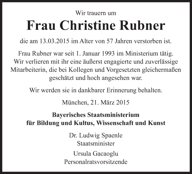  Traueranzeige für Christine Rubner vom 21.03.2015 aus Süddeutsche Zeitung