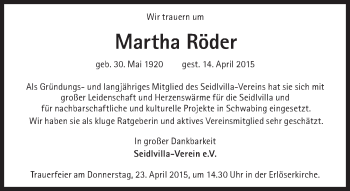 Traueranzeige von Martha Röder von Süddeutsche Zeitung