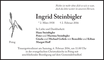 Traueranzeige von Ingrid Steinbigler von Süddeutsche Zeitung