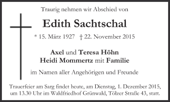 Traueranzeige von Edith Sachtschal von Süddeutsche Zeitung