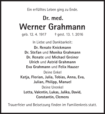 Traueranzeige von Werner Grahmann von Süddeutsche Zeitung