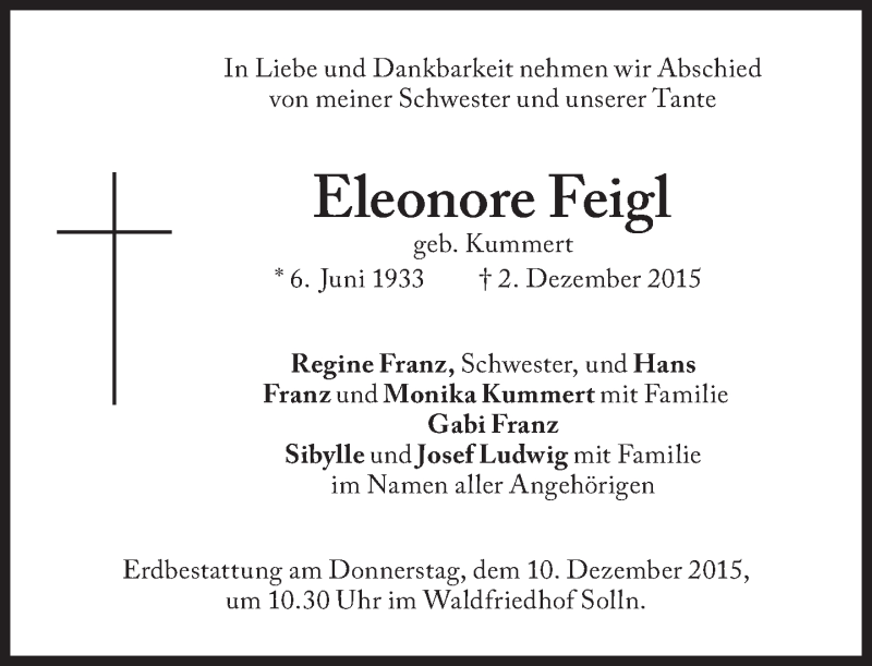  Traueranzeige für Eleonore Feigl vom 08.12.2015 aus Süddeutsche Zeitung