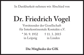 Traueranzeige von Friedrich Vogel von Süddeutsche Zeitung