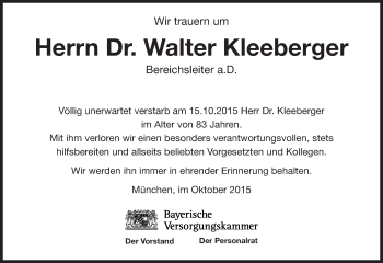 Traueranzeige von Walter Kleeberger von Süddeutsche Zeitung
