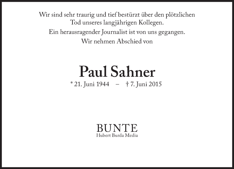  Traueranzeige für Paul Sahner vom 11.06.2015 aus Süddeutsche Zeitung